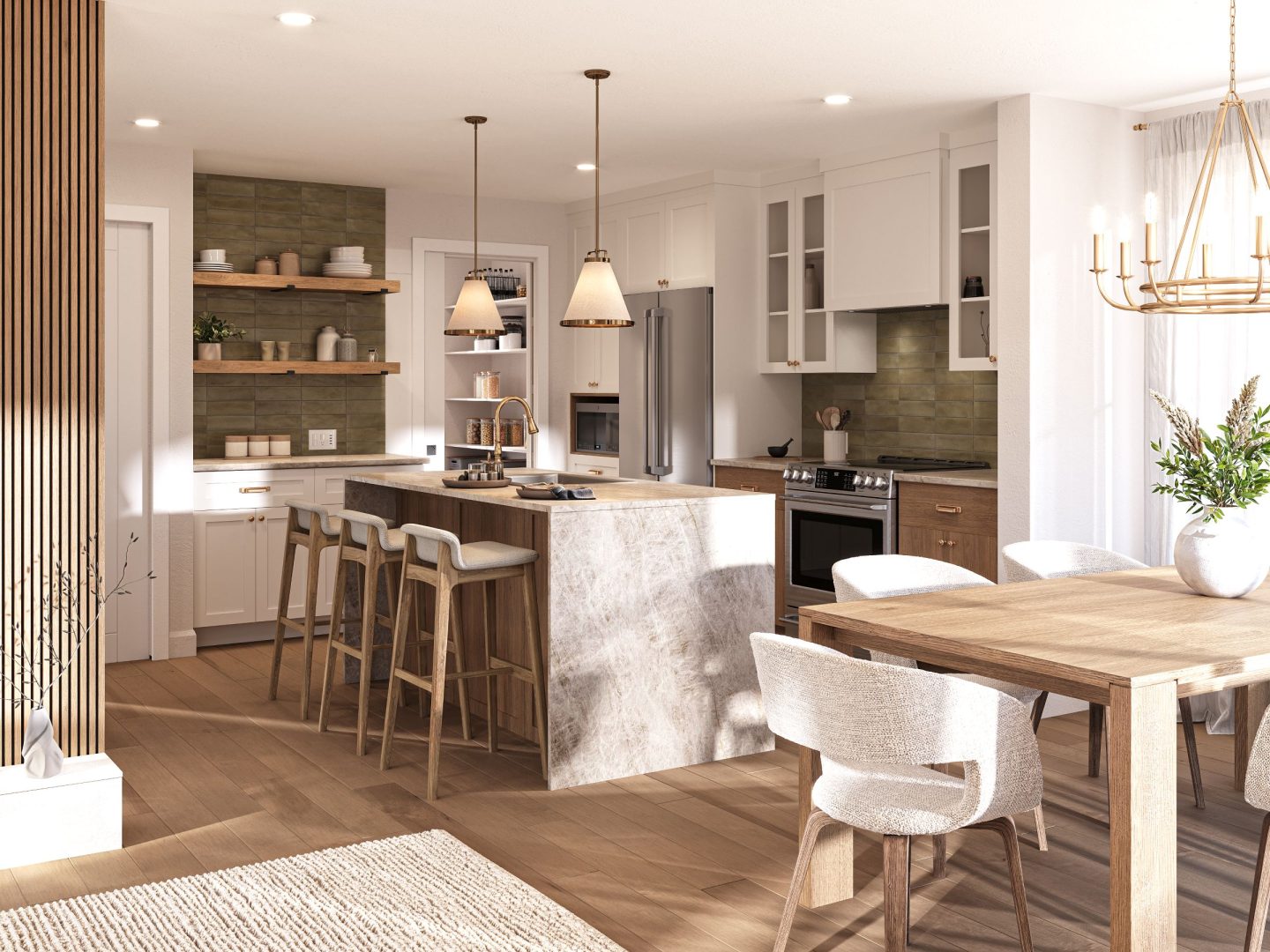 Modèle Elora est une maison à étage de style farmhouse. Vue de la cuisine.
