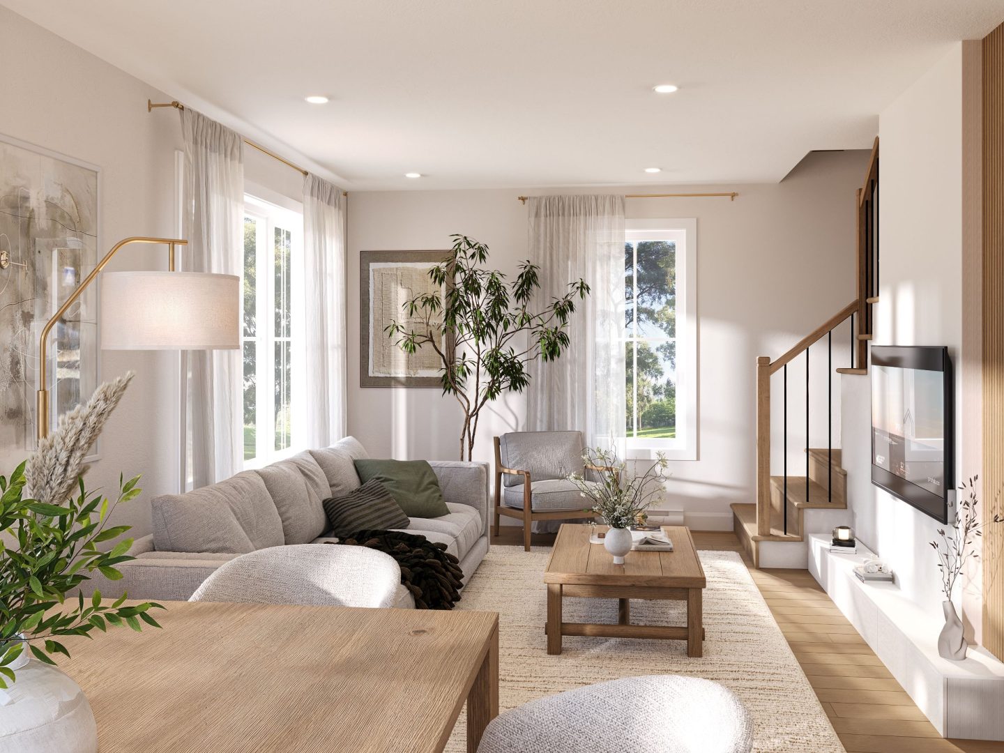 Modèle Elora est une maison à étage de style farmhouse. Vue du salon.