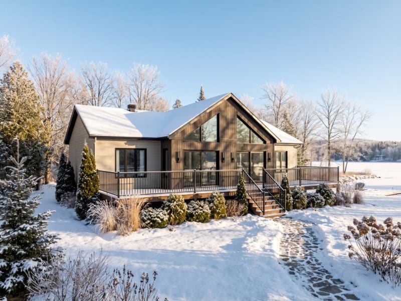 Maison préfabriquée Sitelle au style chalet, entourée d’un paysage enneigé en hiver.