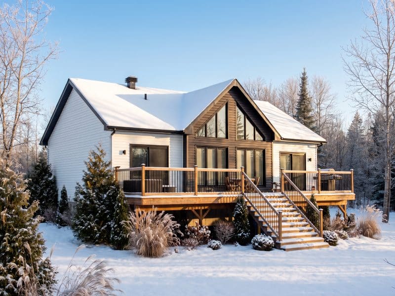 Chalet Merle ProFab en hiver, avec toiture enneigée, grande fenestration, terrasse en bois et aménagement paysager sous la neige.